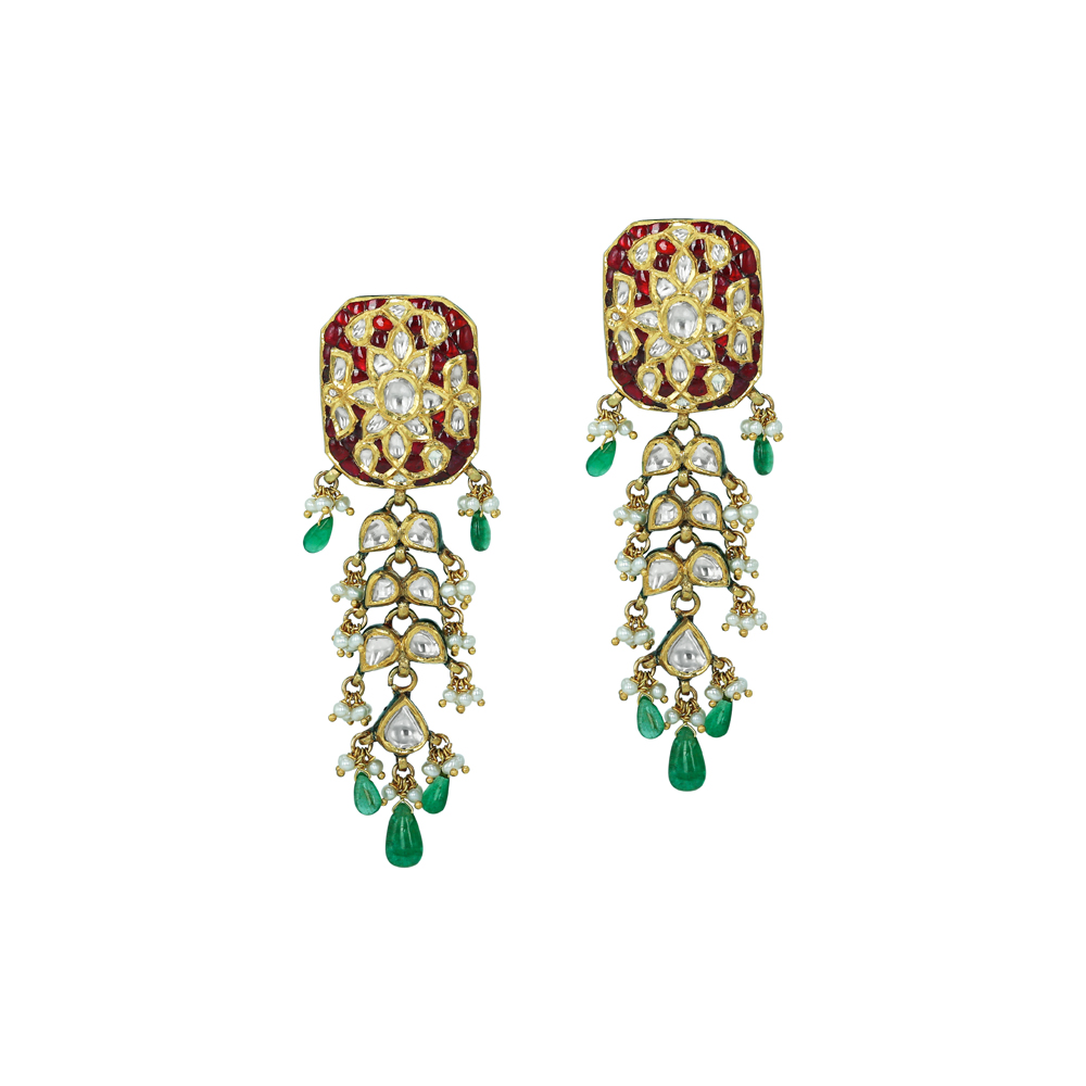 Rectangular Polki Earrings with Red Talaf, Emerald, and Pearl Drops